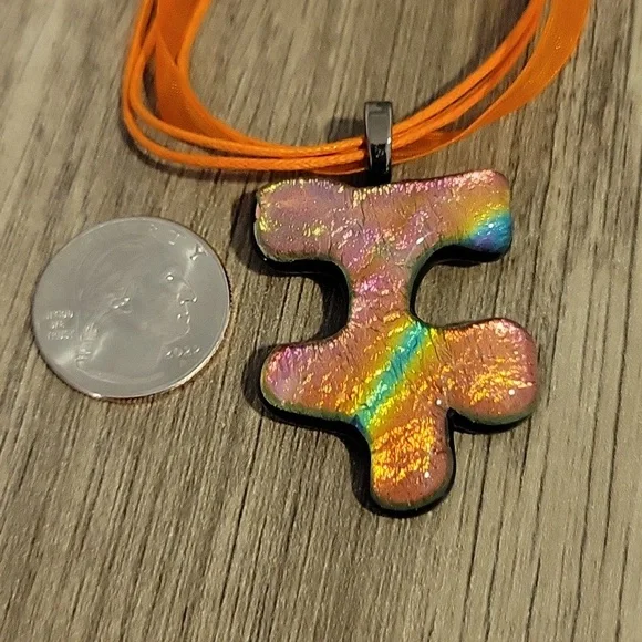 Autism Awareness Orange Multi Fused Glass Handmade Artisan Puzzle Pendant - Picture 6 of 7